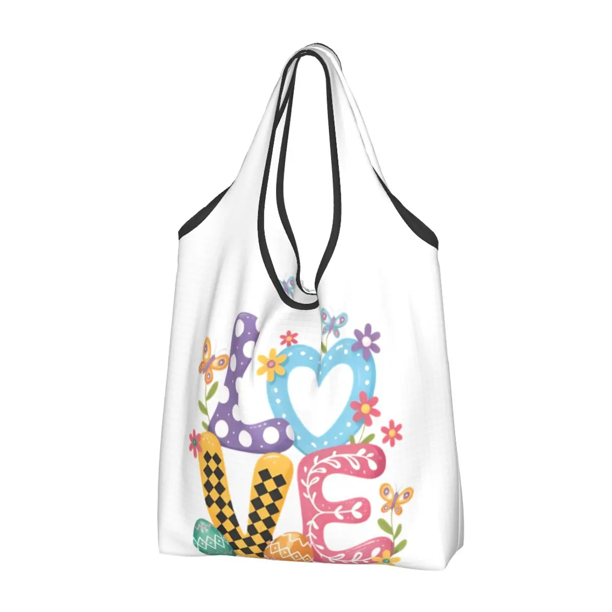 Love Easter Eggs Lover Reusable Shopping Grocery Bag Foldable 50LB Weight Capacity Happy Easter Day Eco Bag Eco-Friendly Ripstop
