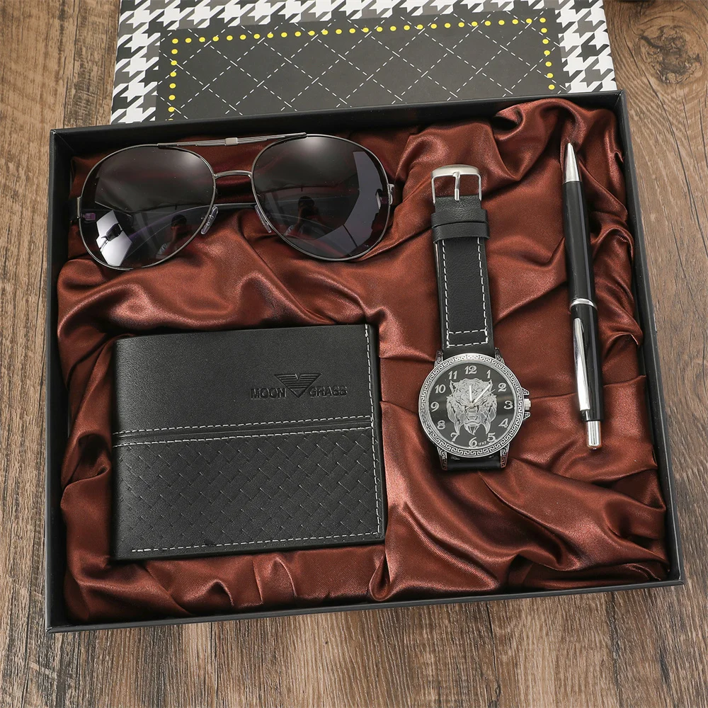 New 4pcs/set Mens Gift Box Set Quartz Watch Men Fashion Casual Leather Wallet Sunglasses Ballpoint Pen Birthday Gift Set for Men