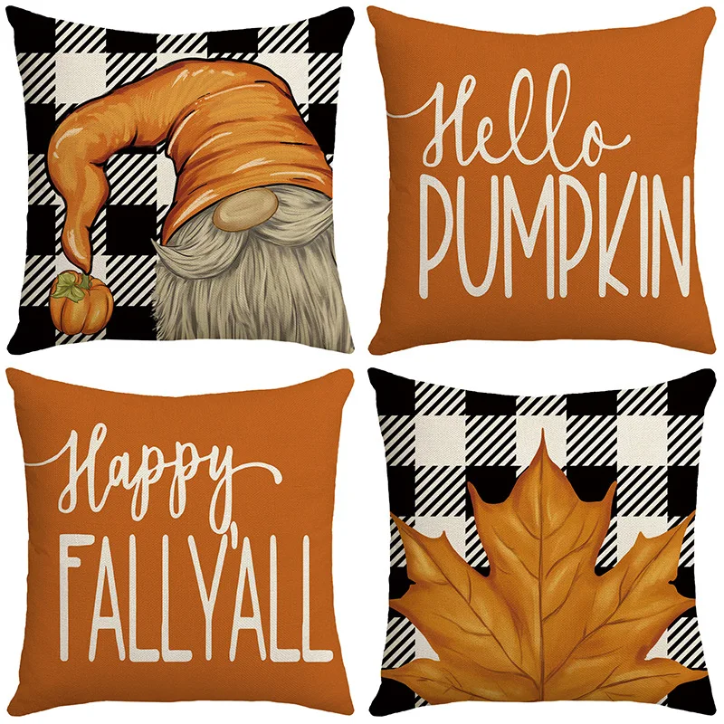 

Thanksgiving Cushion Covers 18x18 Inches Orange Pillow Cover Black White Buffalo Check Plaid Pillow Case Sofa Decor Pillowcases