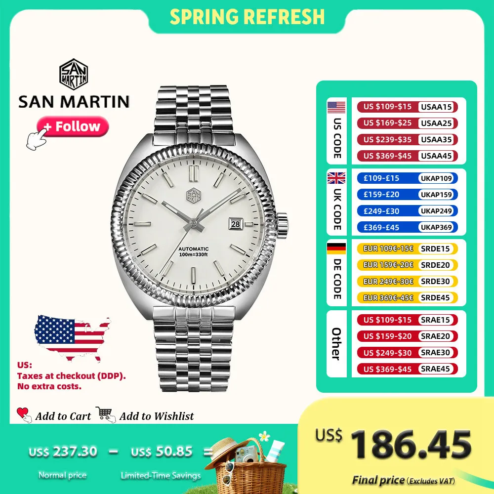 

San Martin 40mm YN55 Men Watch Enamel Dial Curved Bezel Stainless Steel Sapphire Automatic Mechanical Luminous Waterproof SN0069