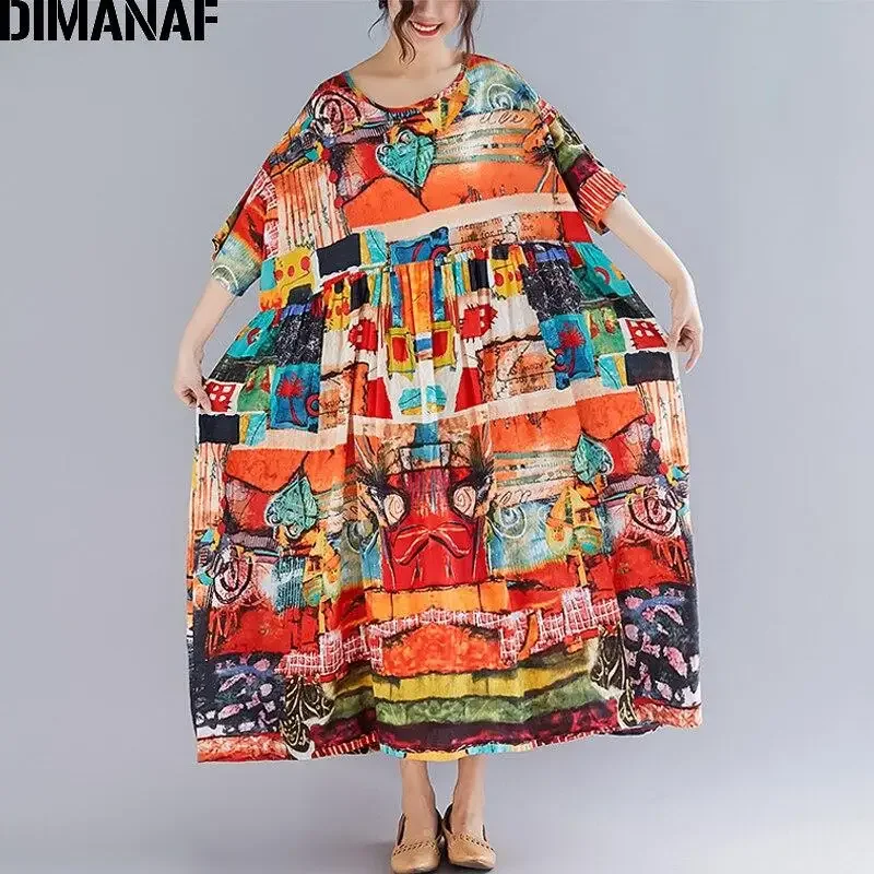 DIMANAF Oversize Women Print Dress Summer Sundress Cotton Female Lady Vestidos Loose Casual Holiday Maxi Dress Big Size