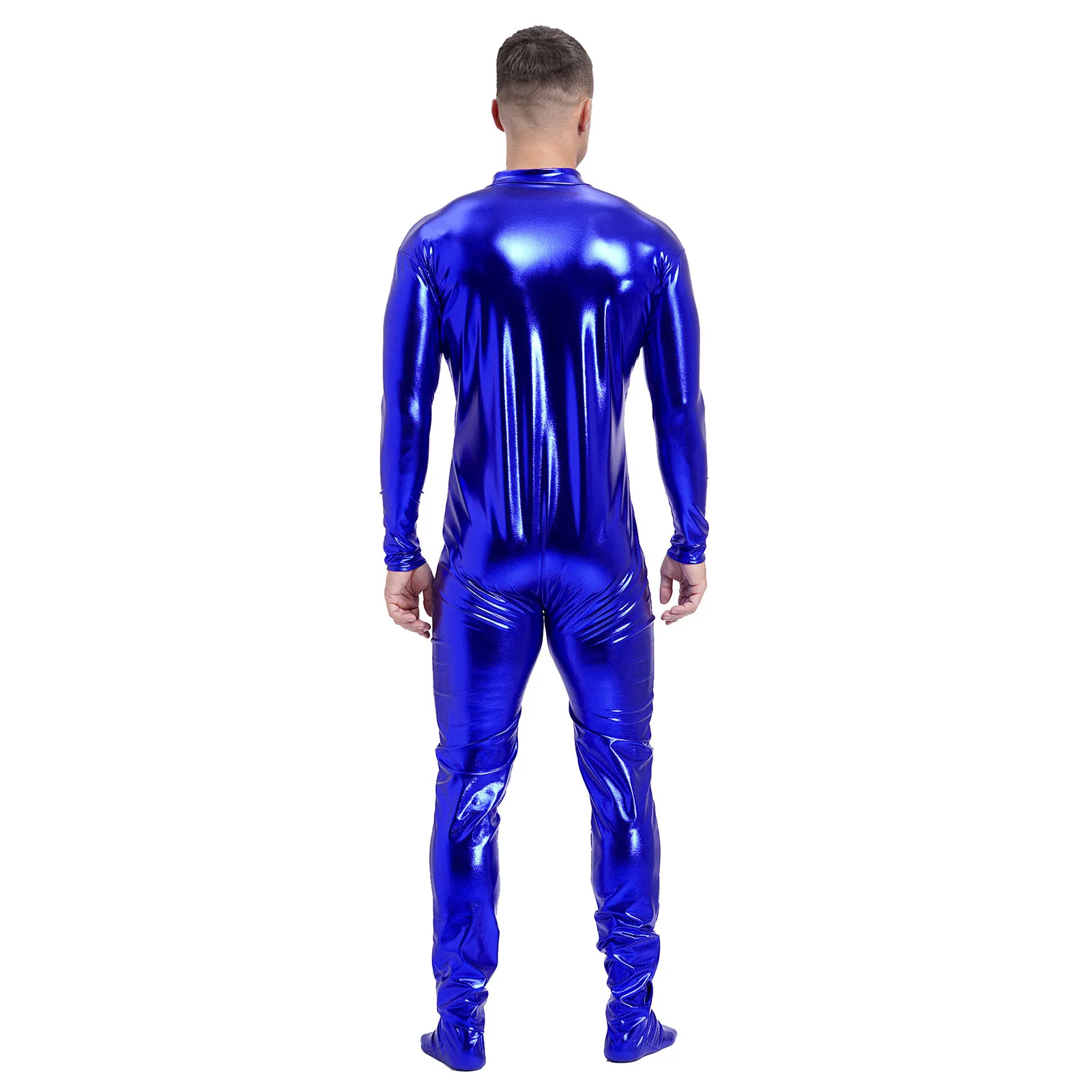Mens Shiny Metallic Unitard Mock Neck Long Sleeve Front Zippre Full Body Bodysuit Zentai Costume for Stage Performance Costume view 2