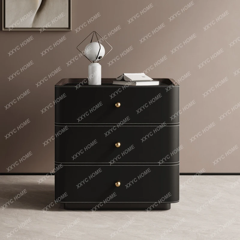 Y Light Luxury High-Grade Black Solid Wood Saddle Leather Three-Draw 60cm Bedside Storage Cabinet