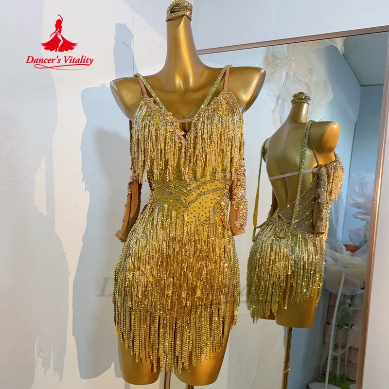 Image of Lateinischer Tanz Senior AB Stones Fransenkleid für Erwachsene und Kinder Tango Samba Performance Kostüme für Mädchen Wettbewerbskleider