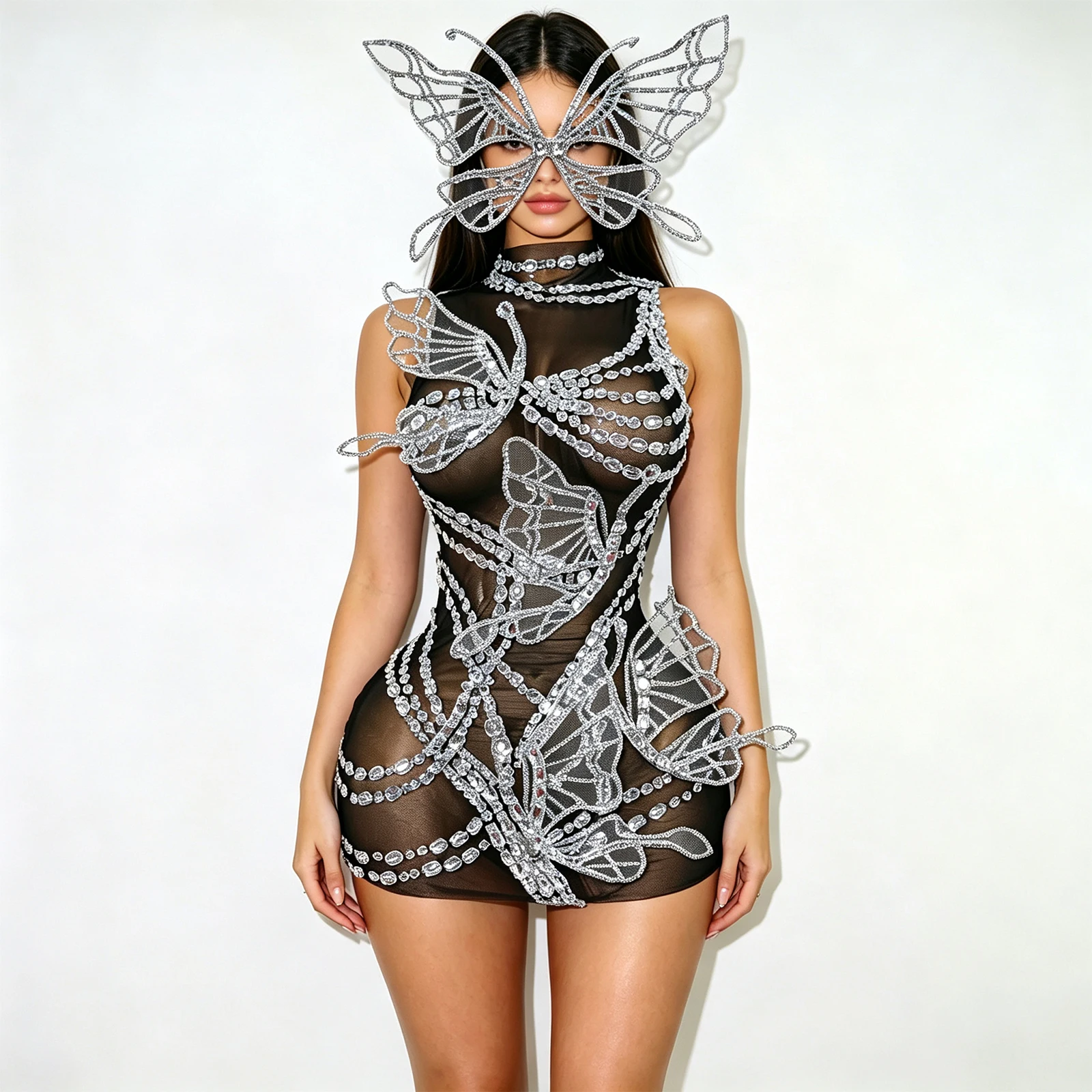 

High end shiny silver crystal butterfly tulle mesh dress 3D wings rhinestone celebration party club stage performance costume