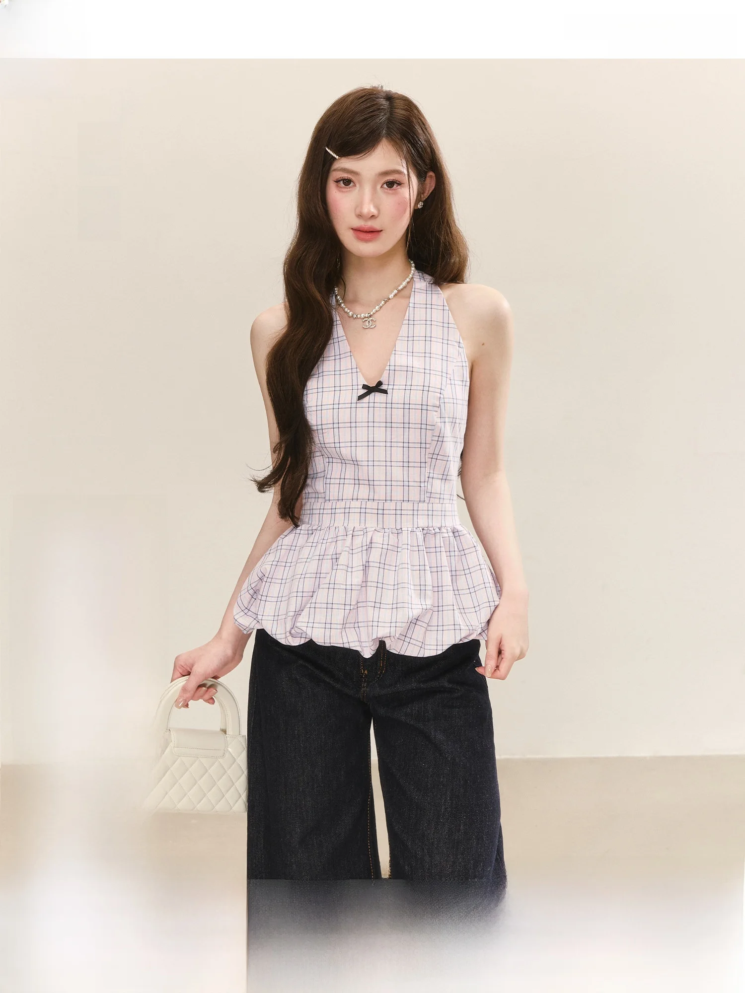 

Sweet Cute Plaid Vest Women's Slim Fit Short Sleeve V-Neck Summer New Style Waist Cinching Slimming High-End Feeling Flower B...