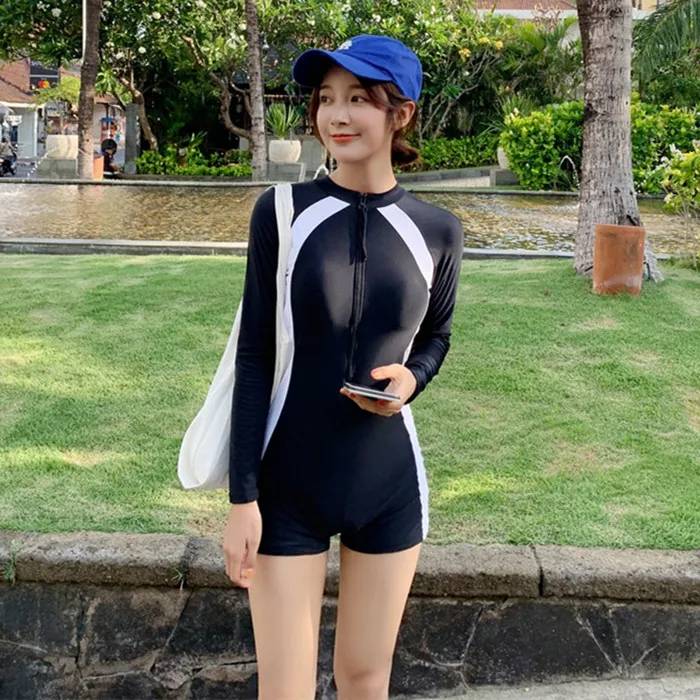 

2023 New Women's One-Piece Swimsuit Faion Hot Spring Long Sve Conservative Belly Covering Slimming Profional Swimming...