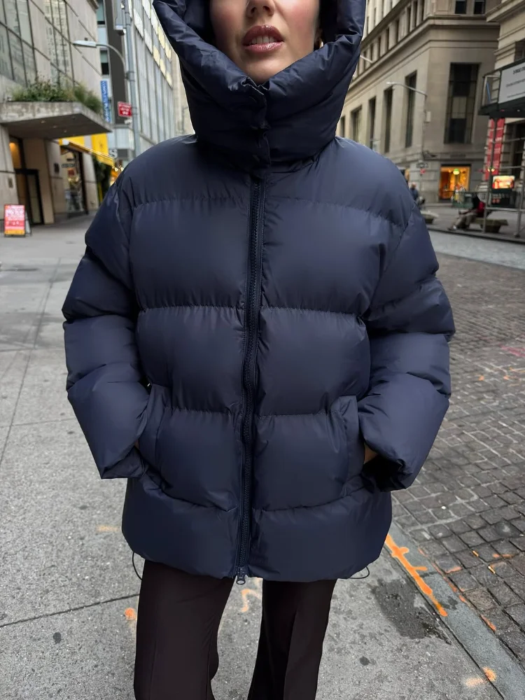 

Women Fashion Hooded Cotton Coat Chic Solid Turtleneck Stand Collar Zipper Pocket Loose Jacket Lady Winter Commute Street Coats