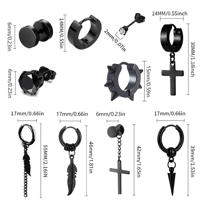 1 /11 Pairs Punk Stainless Steel Stud Earrings Black Earrings Set For Men Women Vintage Hip Hop Piercing Ear Jewelry Accessories