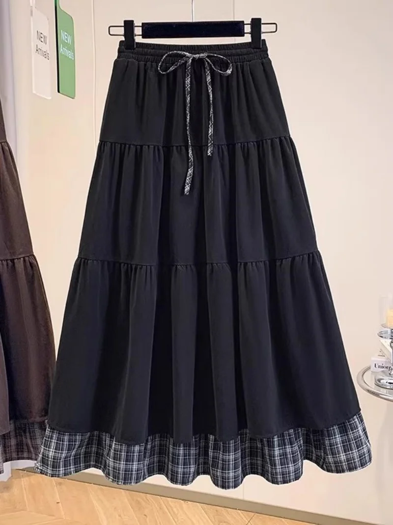 Falda falsa de dos piezas para mujer Otoño e Invierno 2025, nuevo estilo Vintage, falda acampanada con dobladillo con volantes a cuadros de talla grande W1275
