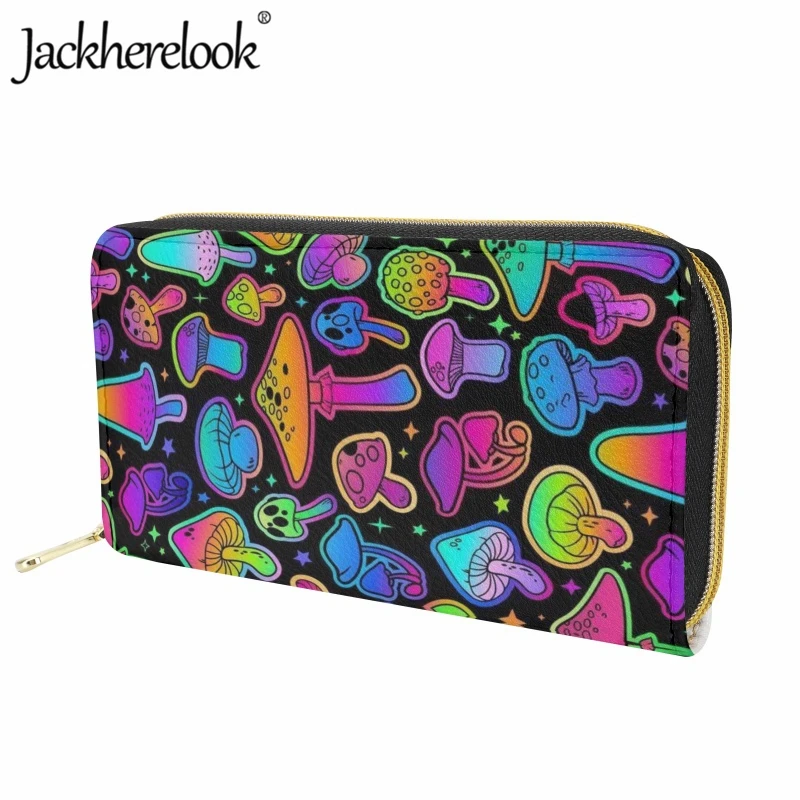 Jackherelook Fashion Psychedelic Mushroom Pattern Print Wallet Women's Trend Leather Purse Casual Travel Long Wallet Card Holder