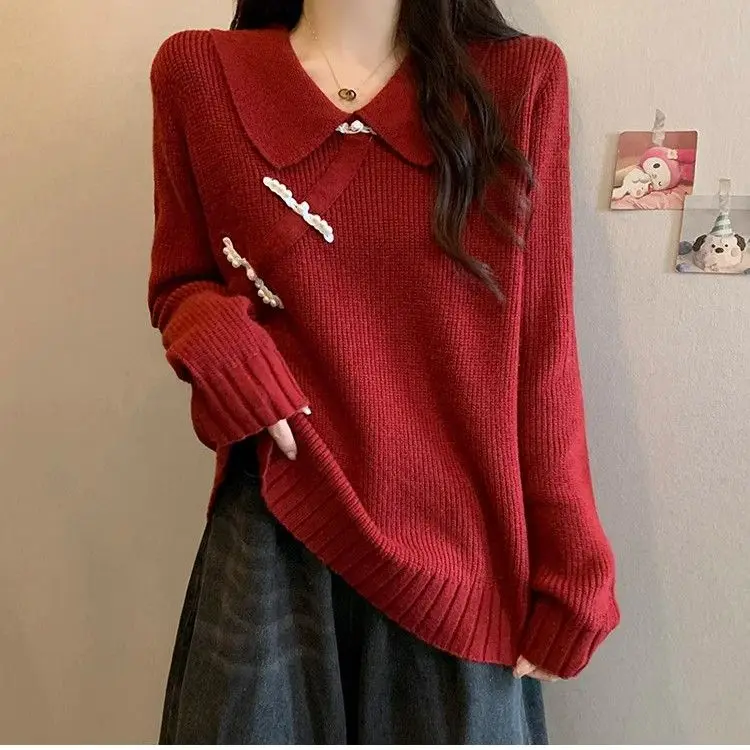 Large Size Red Sweater for Women's Clothing Slimming Look Doll Neck Knitted Base Sweater