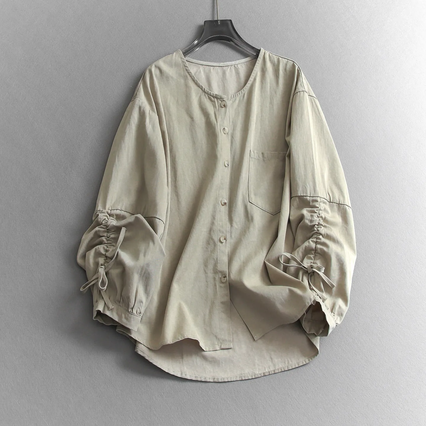 SuperAen Drawstring Long-sleeved Solid Color Round-neck Single Breasted Casual Women's Shirt 2026 Autumn New Simple Shirts