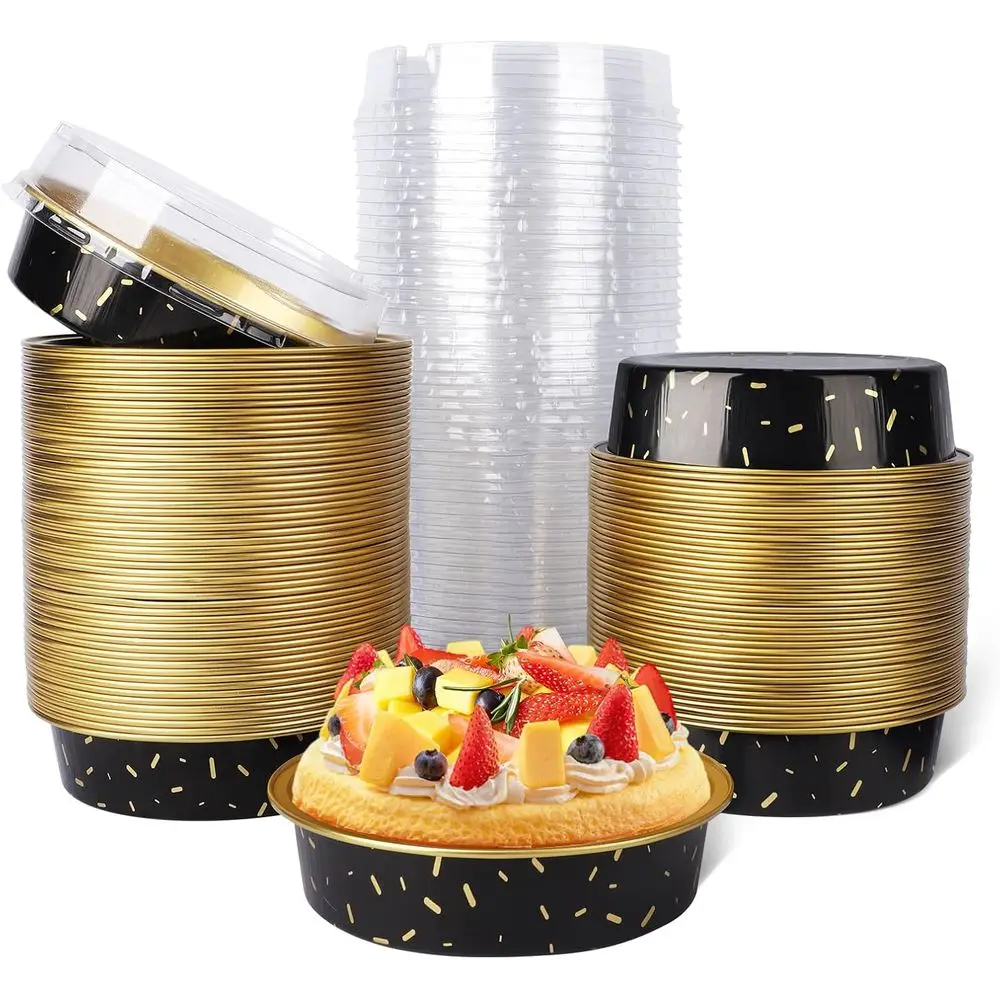 

8oz 4 Inch Gold Black Mini Creme Brulee Ramekins, 120 Pack Disposable Aluminum Pie Tins with Lids, Oven Safe Individual Cake Con