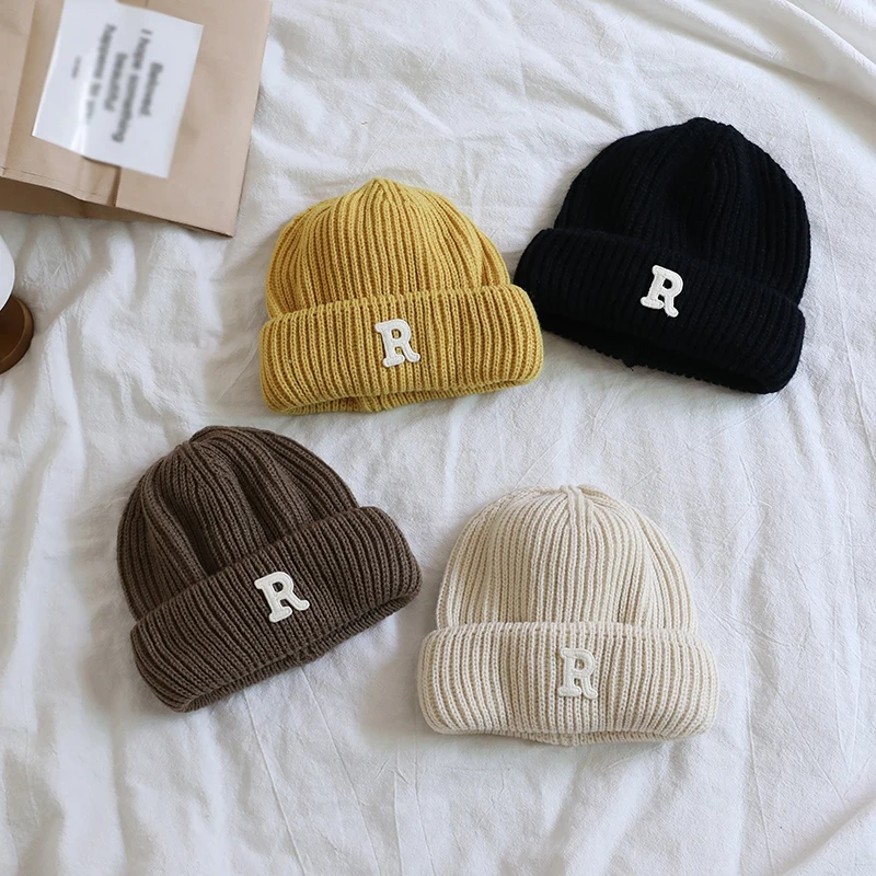 Autumn Winter Baby Embroidery Letter R Beanies Kid Girl Simple Casual Knitted Cap Boy Children Fashion Warm Hat Infant Caps