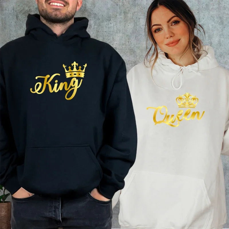 

2024 Women Men Golden Crown Y2K Hoodies Letter King Queen Funny Print Couple Matching Sweatshirts Loose Long Sleeve Autumn Hoody