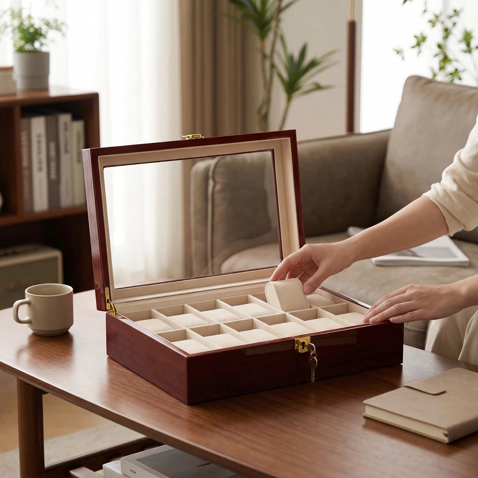 Watch Storage Box with Glass Window Solid Wood Watch Display Case with Glass Lid Long-Lasting Rectangular for Men, Dresser