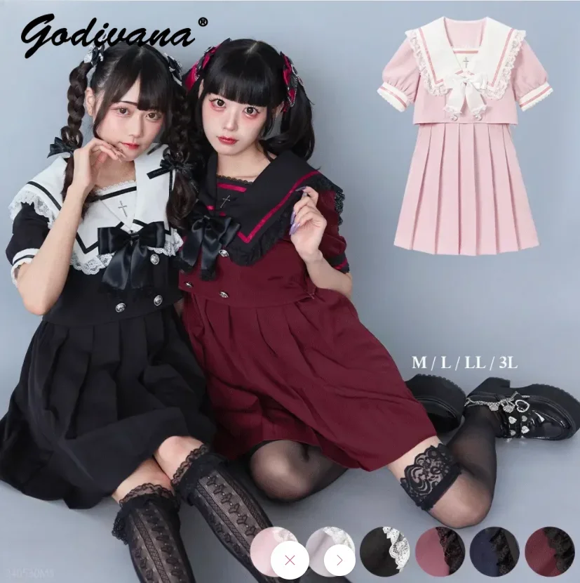 

New Summer Japanese Style Bow Wooden Ear Sailor Collar Lace Stitching Pleated Dresses Women Girls Short Sleeve Cute JK Dresses