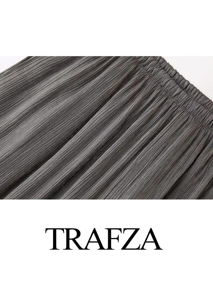 TRAFZA-Conjunto casual de 2 peças para mulheres, gola virada para baixo, cardigã de manga comprida, bolso, efeito enrugado, elástico na cintura, calças largas, verão