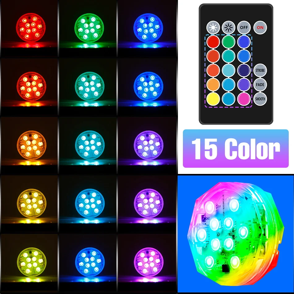 2PCS RGB Submerible Lamp LED Swimming Pool Underwater Light 15 Colors Colorful Mood Lamps Fish Tank Aquarium Fountain Lighting