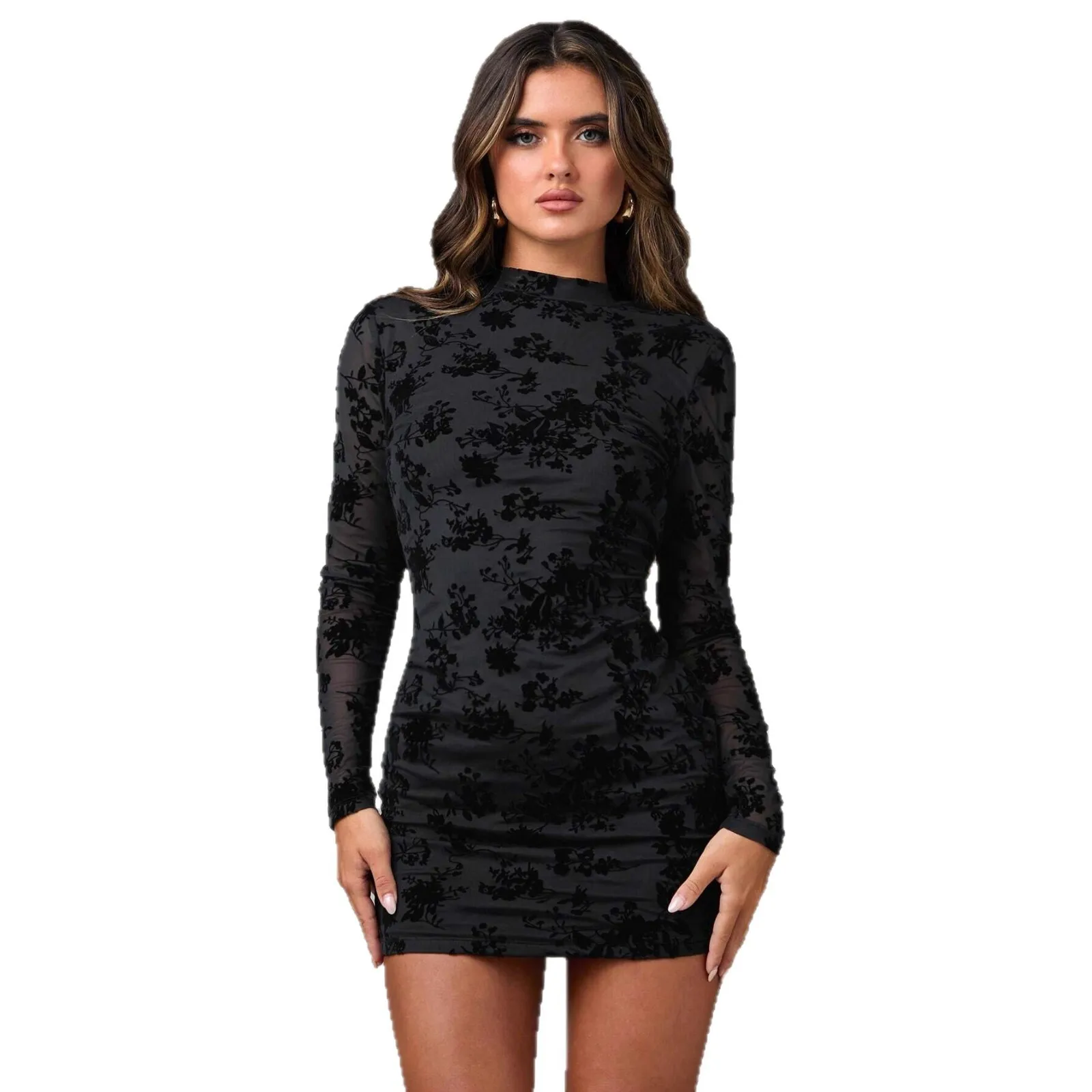 T-shirt à manches longues pour femmes, nouvelle robe Sexy, dos nu, ajouré, floqué, moulante, coupe cintrée, mi-longue, automne 2025