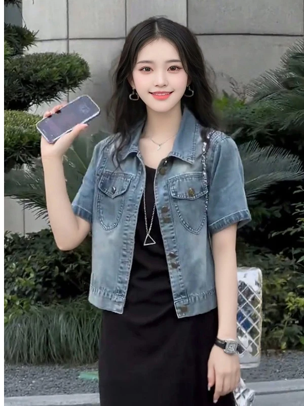 سترة نسائية ort Denim Jaet صيف 2025 تصميم جديد هونج كونج Sle ريترو بياقة مقلوبة ort Sve irt توب فضفاض مناسب ولكن...