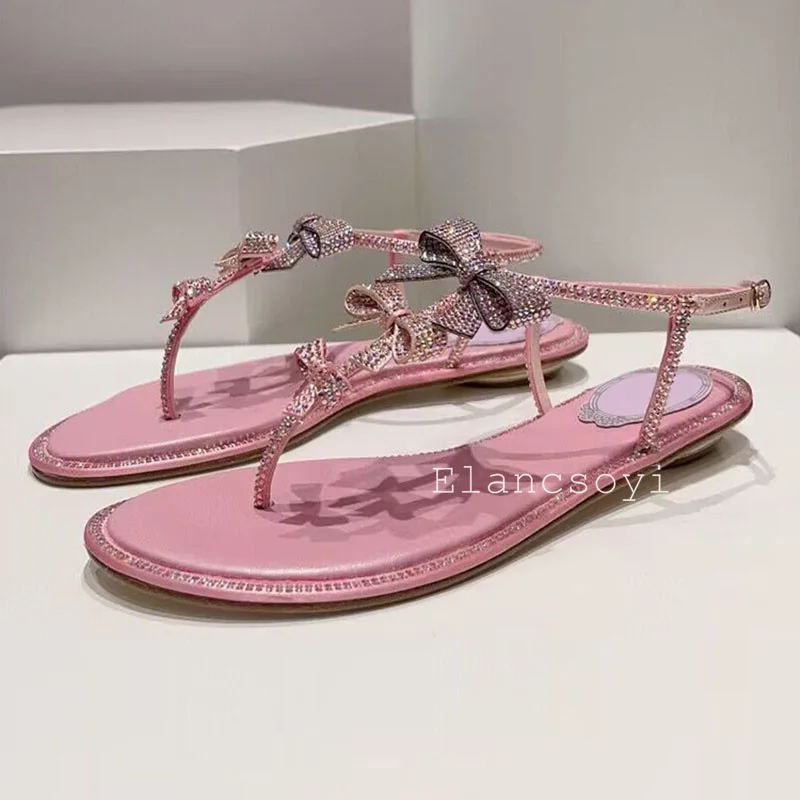 Freiliegende Zehen, glänzende Kristall-Schleifenknoten, flache Sandalen, Damen-Sandalen mit glitzernden Strasssteinen, Knöchelriemen, Sommer-Freizeit-Urlaubsschuhe