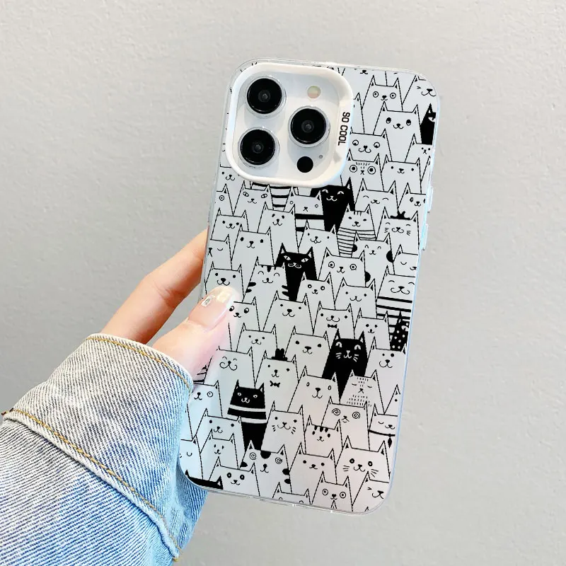 

Full Screen Line Cat Lovely Laser Phone Case For iPhone 16 15 14 Pro Max Plus 13 Mini 12 11 Pro Max Shockproof Back Cover Fundas