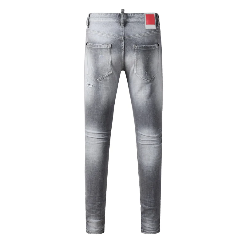 Men's Vintage Grey Wash Skinny Jeans Distressed Faded Ripped Slim Fit Denim Pants Streetwear Hip‑Hop Trousers