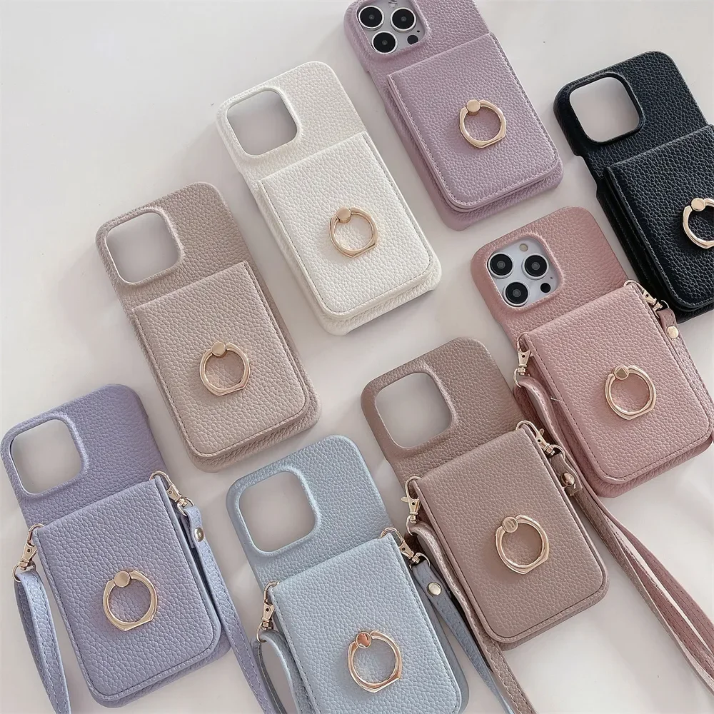 

Makeup Mirror Flip Card Pocket Leather Case For Iphone 14 Pro Max 11 12 13 15 Finger Ring Holder Cute Crossbody Lanyard Cases