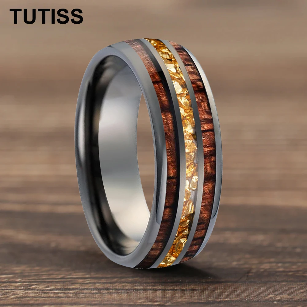 

TUTISS 8mm Tungsten Carbide Ring Inlaid Hawaiian Koa Wood Gold Colour Crystal Stone Wedding Band Comfortable Fit