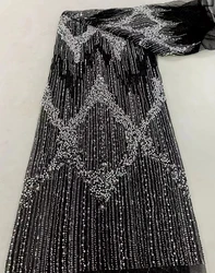 African Groom Sequined Lace Fabrics High Quality French Tulle Tube Beads Mesh Lace Fabrics Wedding Dress Material Sewing Zx