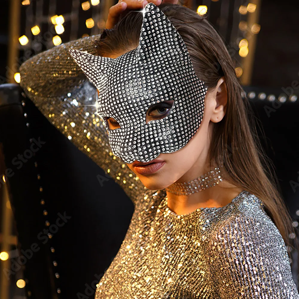 Błyszczące maski na uszy kota Cosplay Halloween Party akcesoria kostiumowe długie rękawiczki seksowne Bling Kitten półmaski