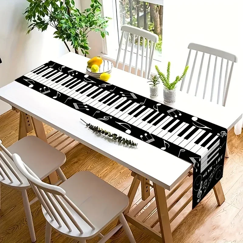 1Pc Piano Keys And Musical Notes Style Table Runner Black And White Piano Keyboard Music Notes Music Equals Life Print Table Cov