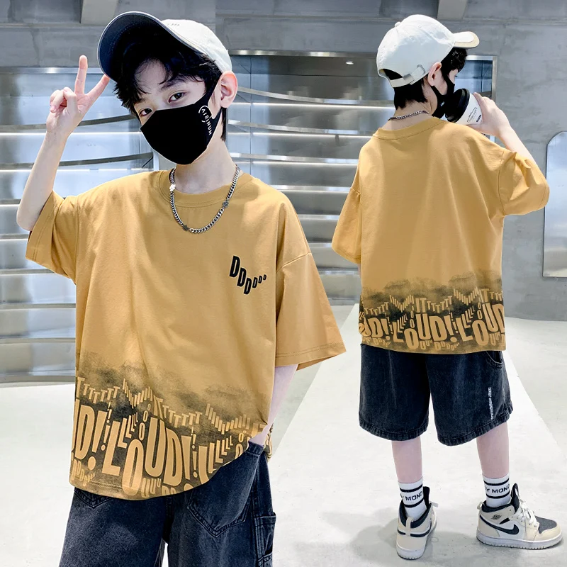 Letter Print Children Summer T-shirt for Boy Casual Shorts Sleeve Tshirt Clothing Kids Teenager Cotton Tee Tops Outfit Age 5-14Y