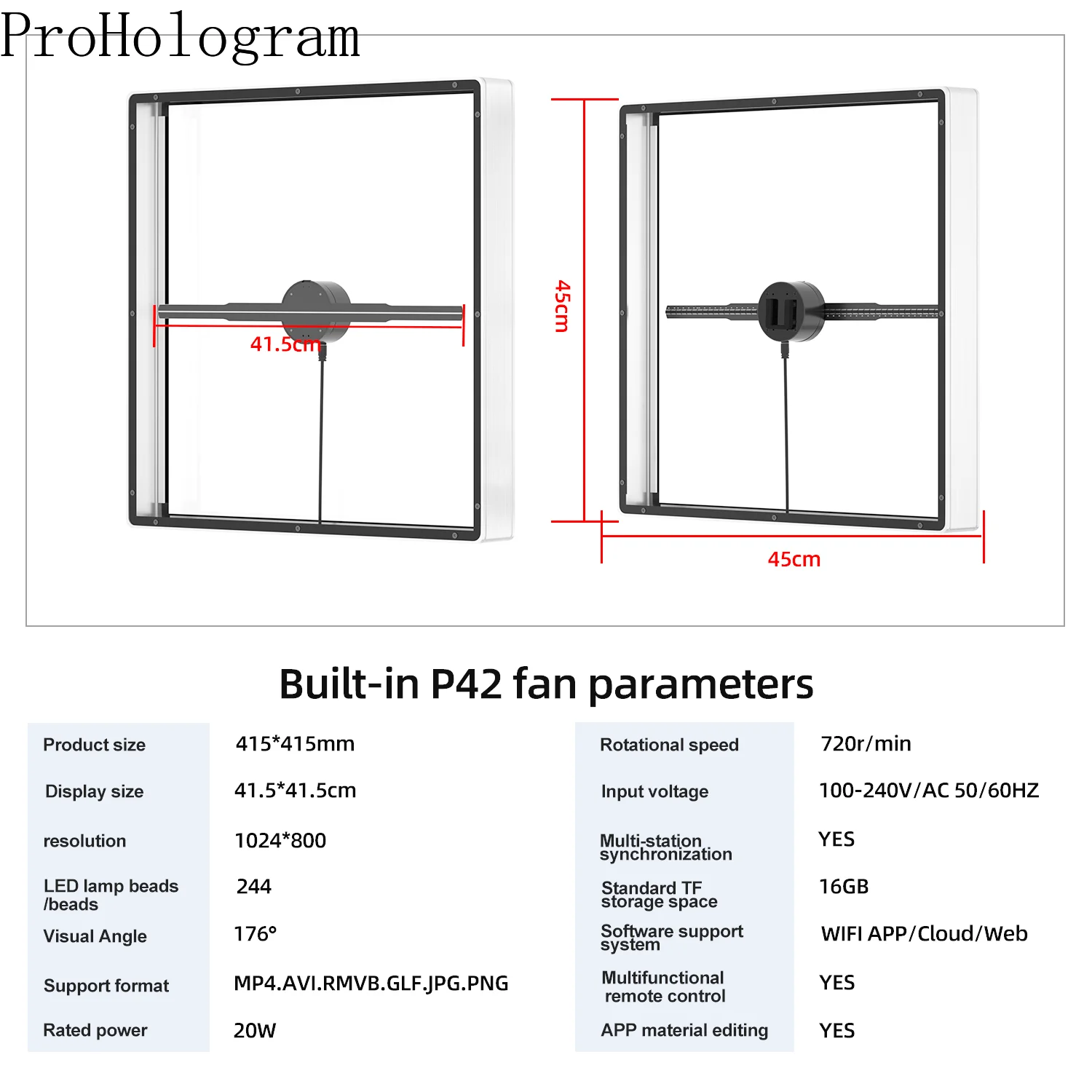P42 3d Hologram Projector Ventilator Met Cover 224 Led Reclame Display Logo Licht Led Wifi Control 3d Holografische Lamp Speler