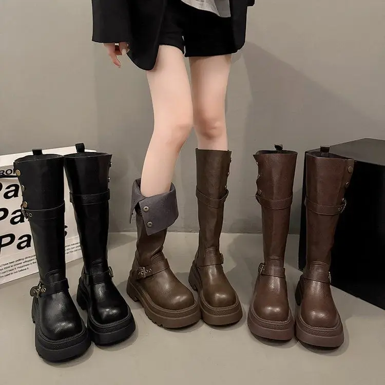 Women's High Knee Boots, Chunky Platform Stacked Rider Boots, Spring/Autumn Two-Way Edgy Fold-Over Cuff Fashion Design