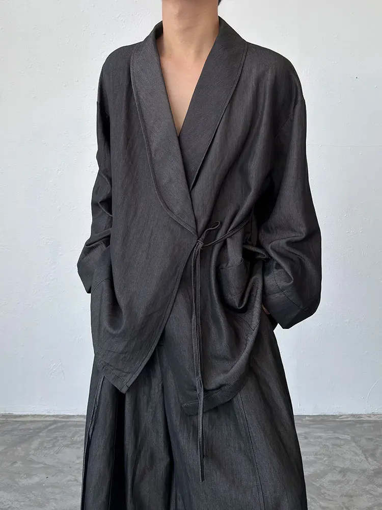 Unisex Cross Collar Loose Fit Vintage Style Long Sleeve Shirt BKYC Artistic Retro Feel Outerwear Coat Open Cardigan Jacket