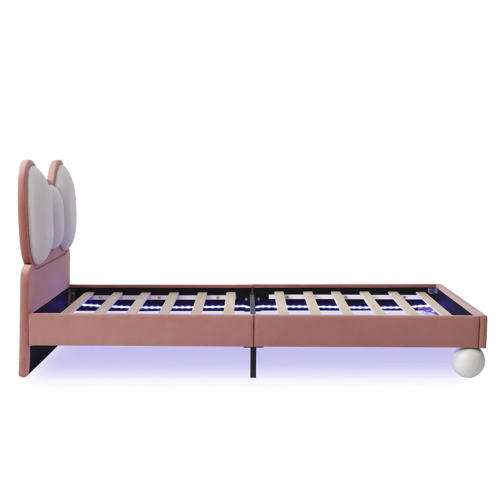 PINGGO Kinderbett, Einzelbett, 90 x 200 cm, Samt-Kopfteil in Fliegenform, Farbe, verstellbares LED-Licht, stabile Latten, ohne Matratze – Detail 16