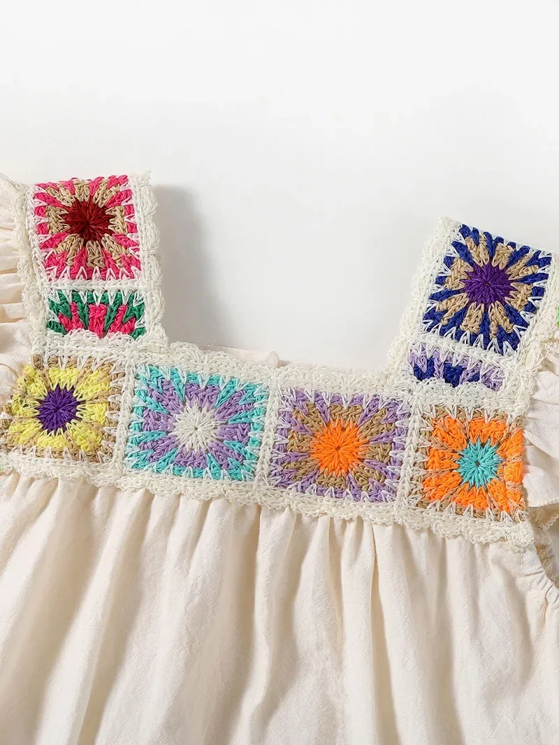 ملابس صيفية للفتيات الصغيرات بنمط عرقي 0-2 سنة منسوجة على شكل زهرة بدلة للأطفال الرضع بأكمام طائرة قطعة واحدة