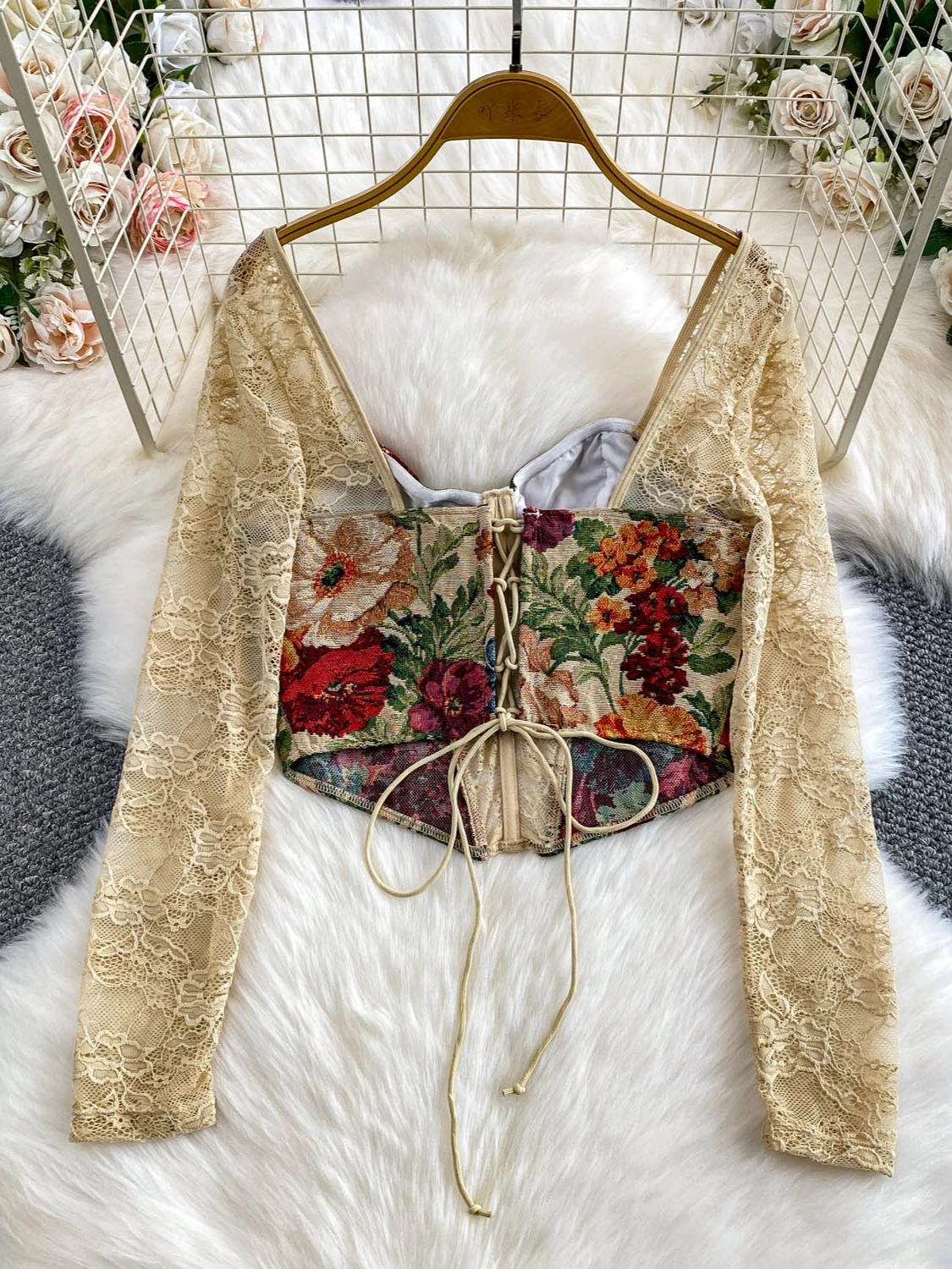 Foamlina Top bustier con stampa floreale vintage da donna sexy trasparente in rete a maniche lunghe a lisca di pesce skinny con lacci corto costume da festa