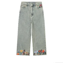 Embroidery Denim 2024 Autumn/Winter New Heavy washing color denim floral embroidery loose casual denim pants