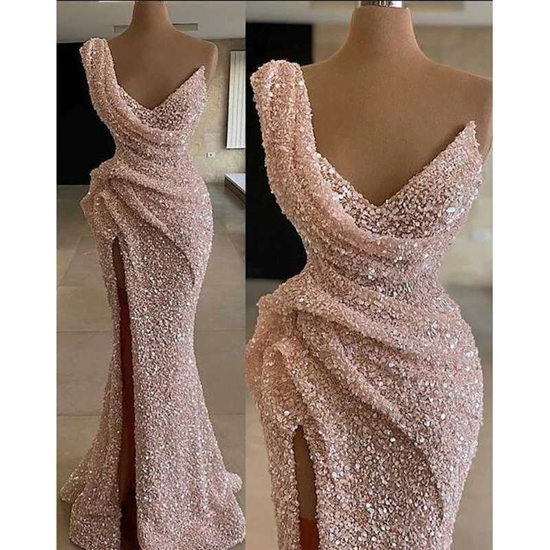 Kadisua Pink Sequined Evening Dress Sleeveless One-Shoulder Sexy Women V-Neck Pleat Floor Length Side Split Formal Occasion 2024