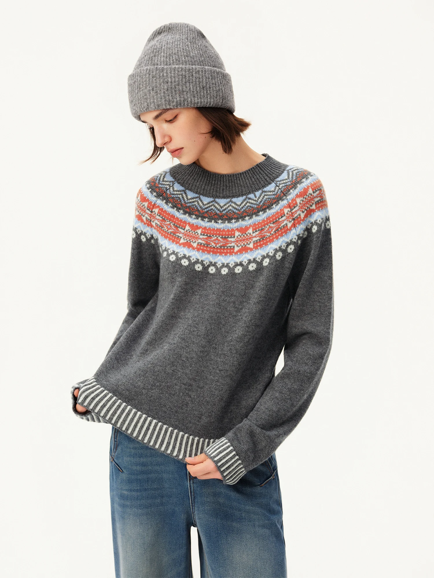 ZIQIAO Women's Vintage Color Block Fair Isle Wool Knit Sweater Raglan Sleeve Crew Neck Warm Knit Top New Arrival Winter 2026