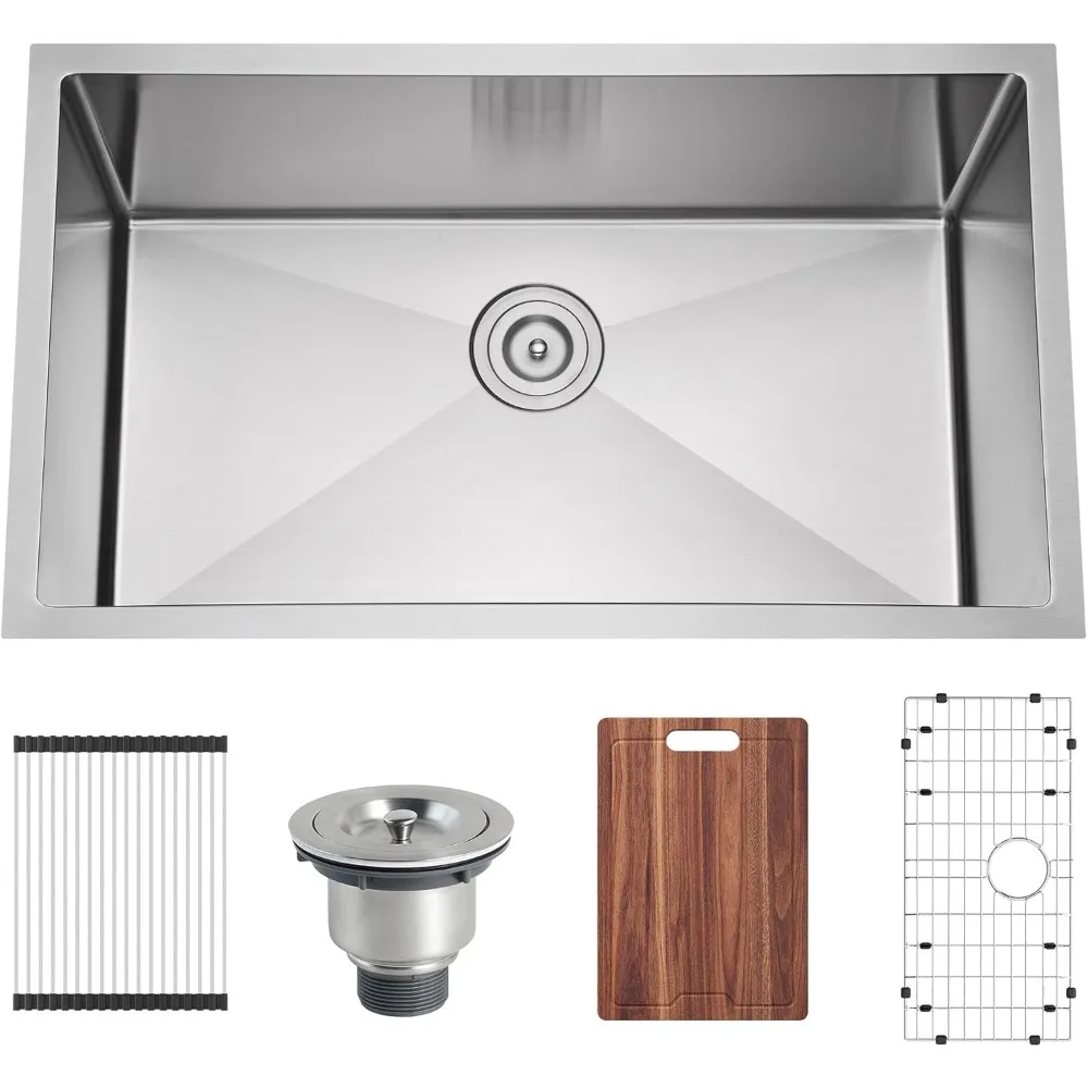 حوض مطبخ فردي من الفولاذ المقاوم للصدأ مقاس 30 بوصة - مقاس 16 بوصة، عميق، واسع، مصنوع يدويًا مع الملحقات #2