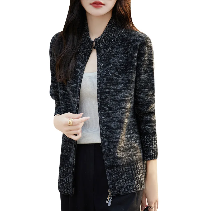 Autumn And Winter 2024 New Lazy Style Pure Wool Thickened Half-height Crewneck Knitted Cardigan Zipper Florine Coat For Women