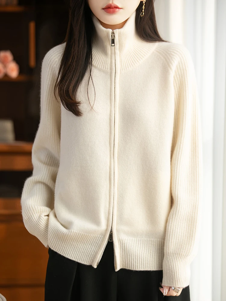 

Женский кардиган из чистой шерсти с воротником-молнией, вязаный свитер, пальто, весна-осень-зима, трикотажные топы из 100% мериносовой шерсти с длинными рукавами