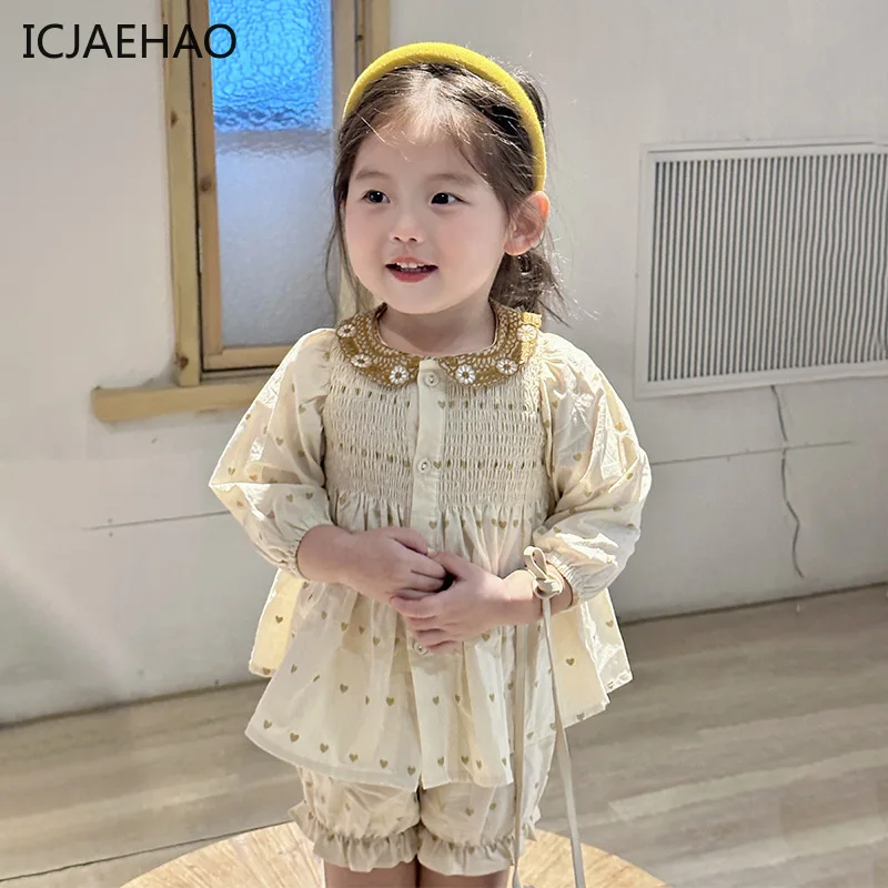 Girls Vintage Set for Kids Boutique Embroidery Baby-doll Print Clothes Smocked Blouse + Bloomers Child Outfit Spring Autumn