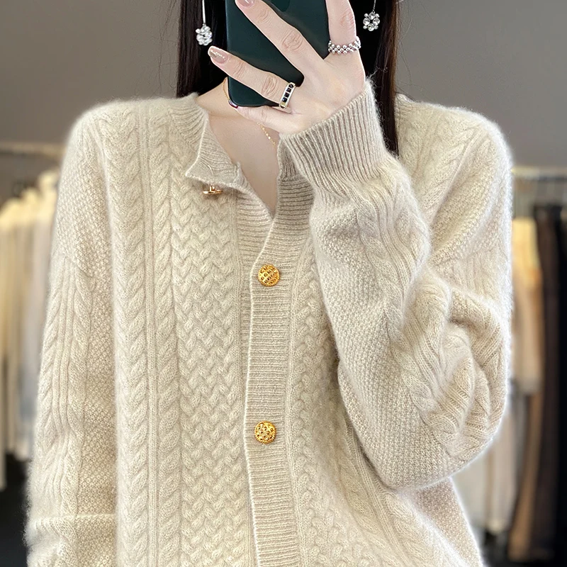 Autumn and winter 100% pure wool cardigan ladies O-neck heavy industry thickened twist solid color knitted cashmere sweater coat