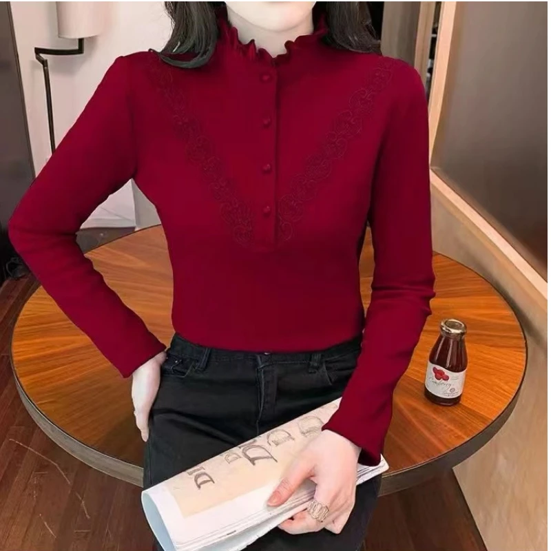 

Autumn Winter Thick Lace Patchwork All-match Casual Tops Long Sleeve Solid Loose Vintage T Shirts Fashion Trend Women Clothing